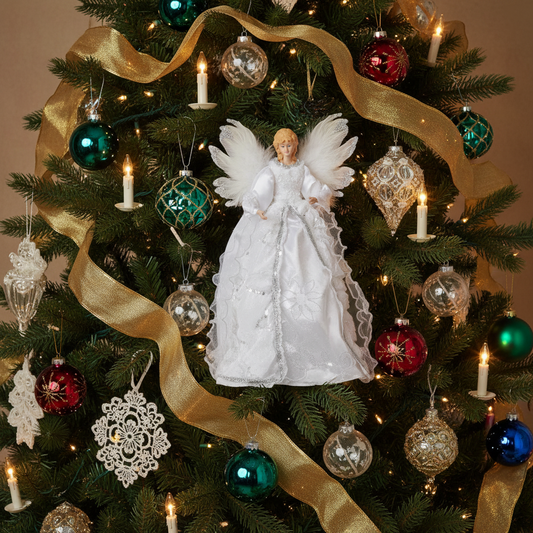 Decorative angel figurine with white wings and gown on a white background