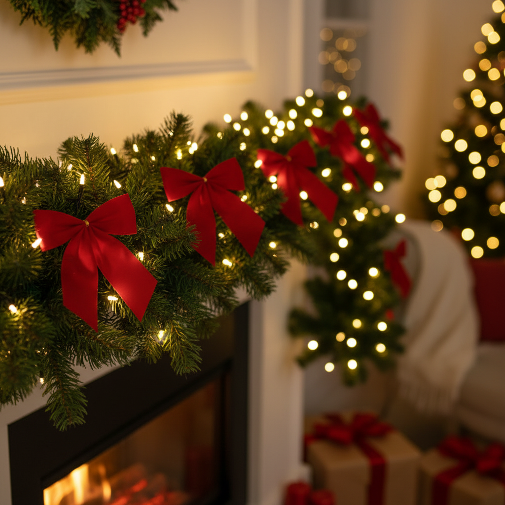 Decorative Christmas garland with red bows and lights on a fireplace mantle.