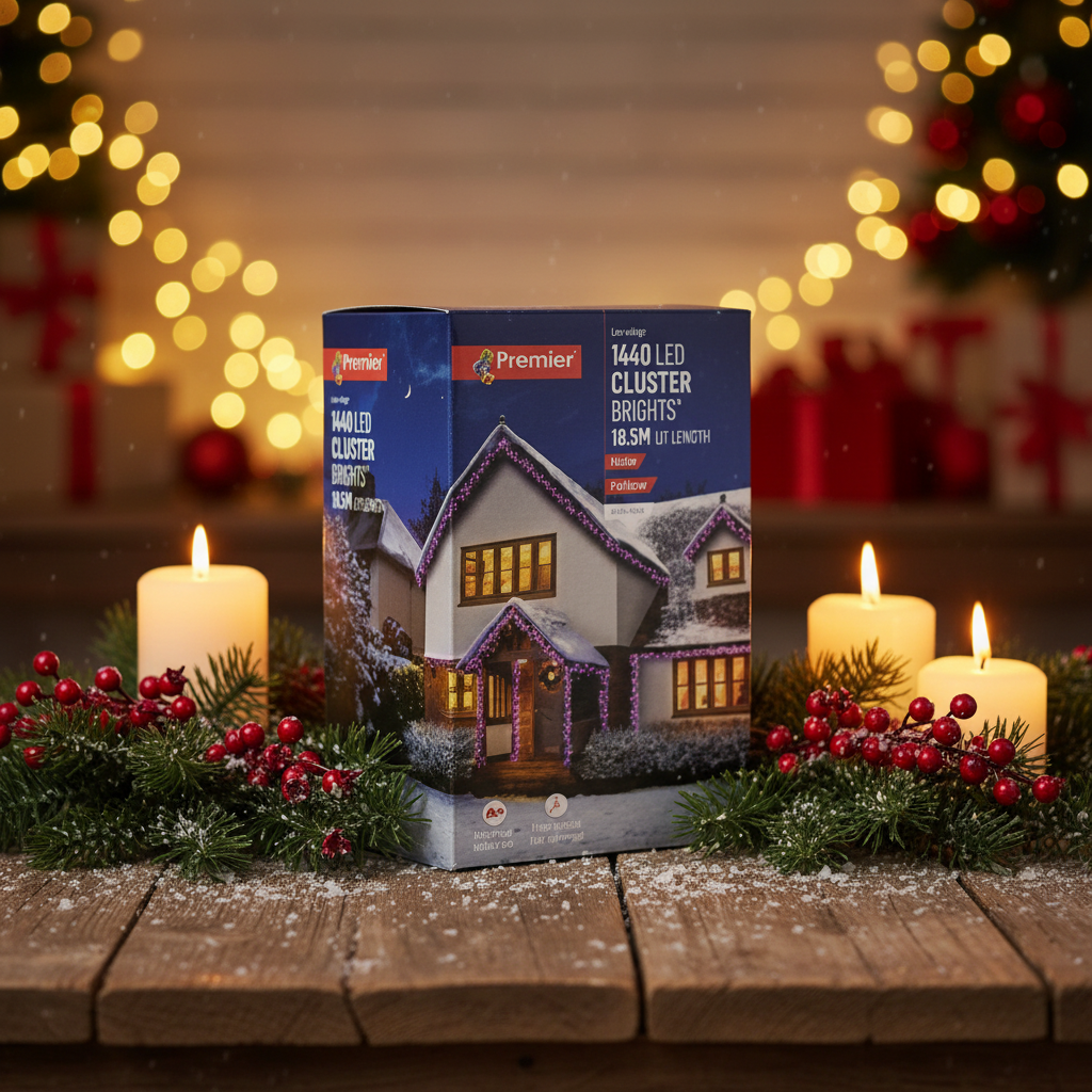 Box of Premier LED Cluster Lights with a house illustration on a white background