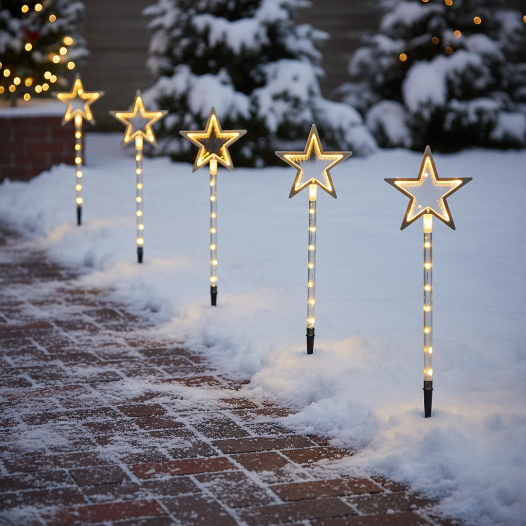 A set of four outdoor path lights with star-shaped mirror tops and warm white LED lights.