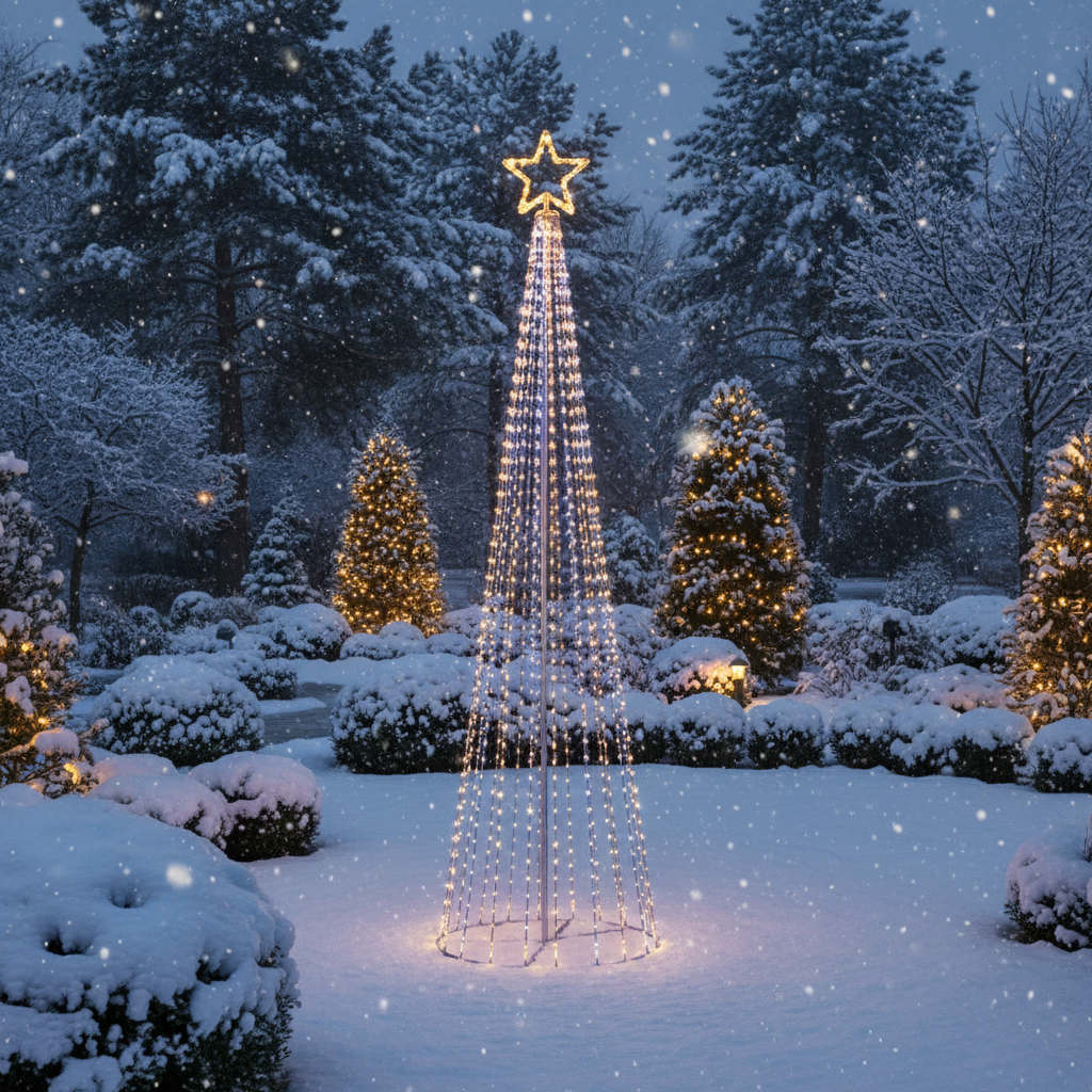 A black pyramid-shaped Christmas tree decorated with white and warm white LED lights, with a star on top, meant for outdoor display.