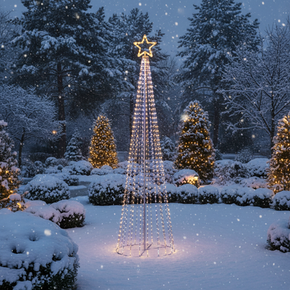 A black pyramid-shaped Christmas tree decorated with white and warm white LED lights, with a star on top, meant for outdoor display.