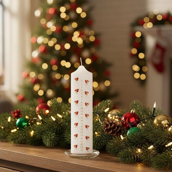 Robin Advent White Candle with Glass Holder