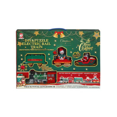 Christmas-themed puzzle electric train set packaging on a white background