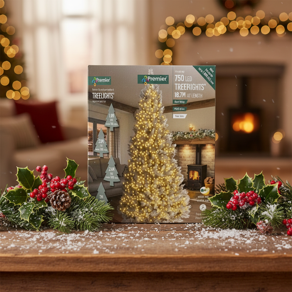 Christmas tree with lights in a box packaging on a white background