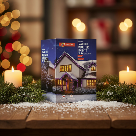 Box of Premier LED Cluster Lights with a house illustration on a white background