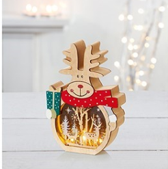 Wooden Reindeer with Lit Window Scene