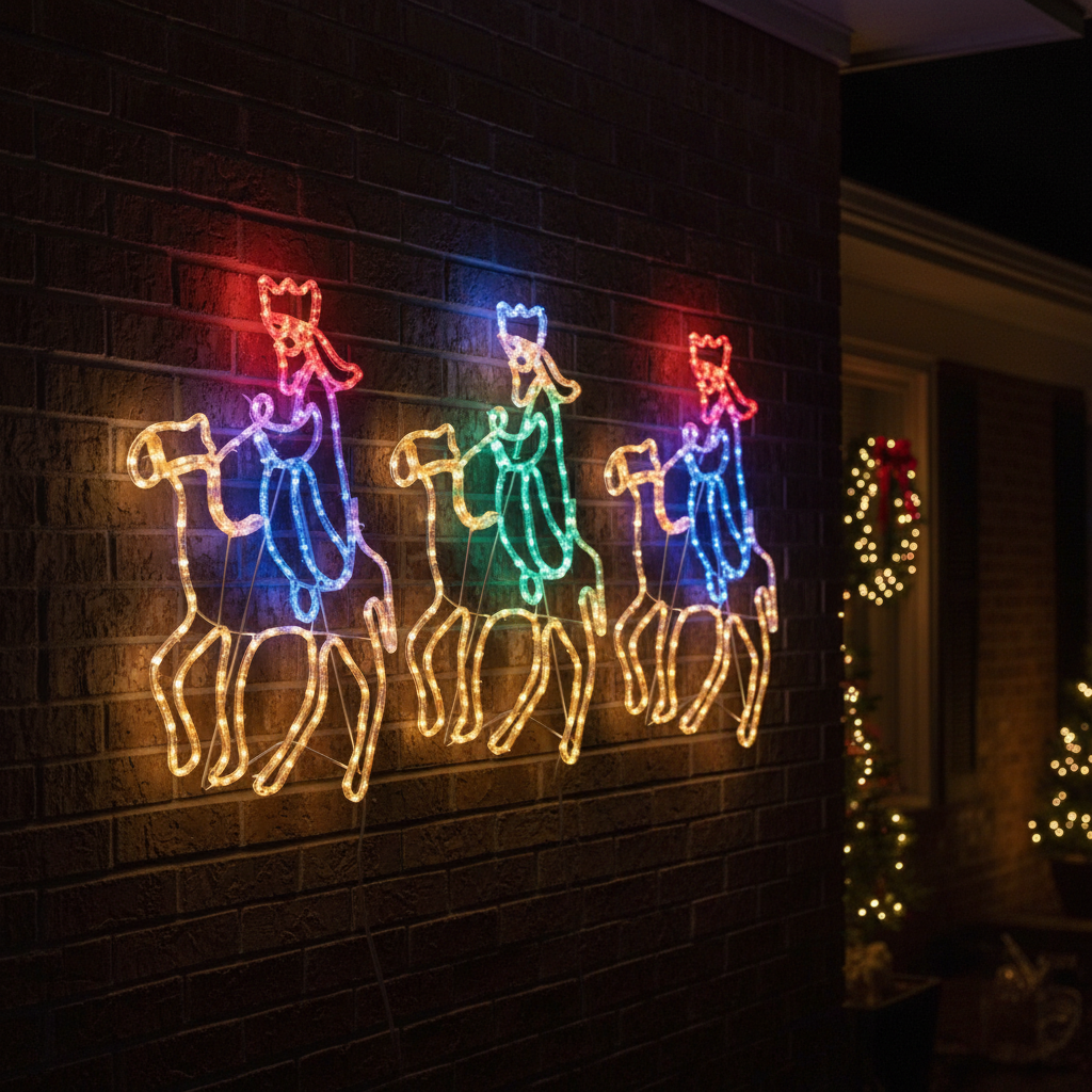 Colorful LED lights shaped like three kings on horses on a brick wall.