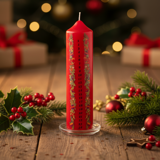 Red Christmas Design Advent Candle with Glass Holder