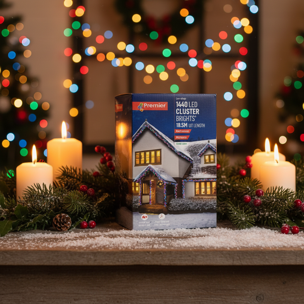 Box of Premier LED lights with a house scene on the packaging