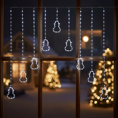 A string of white LED lights in a V-shape curtain pattern with 9 snowmen-shaped connectors on a flexible wire.