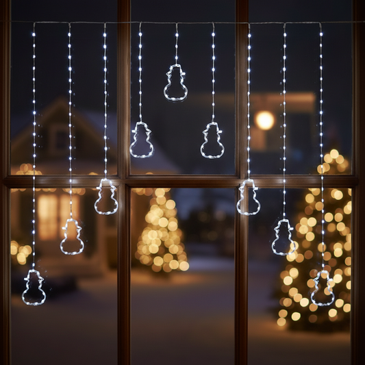 A string of white LED lights in a V-shape curtain pattern with 9 snowmen-shaped connectors on a flexible wire.