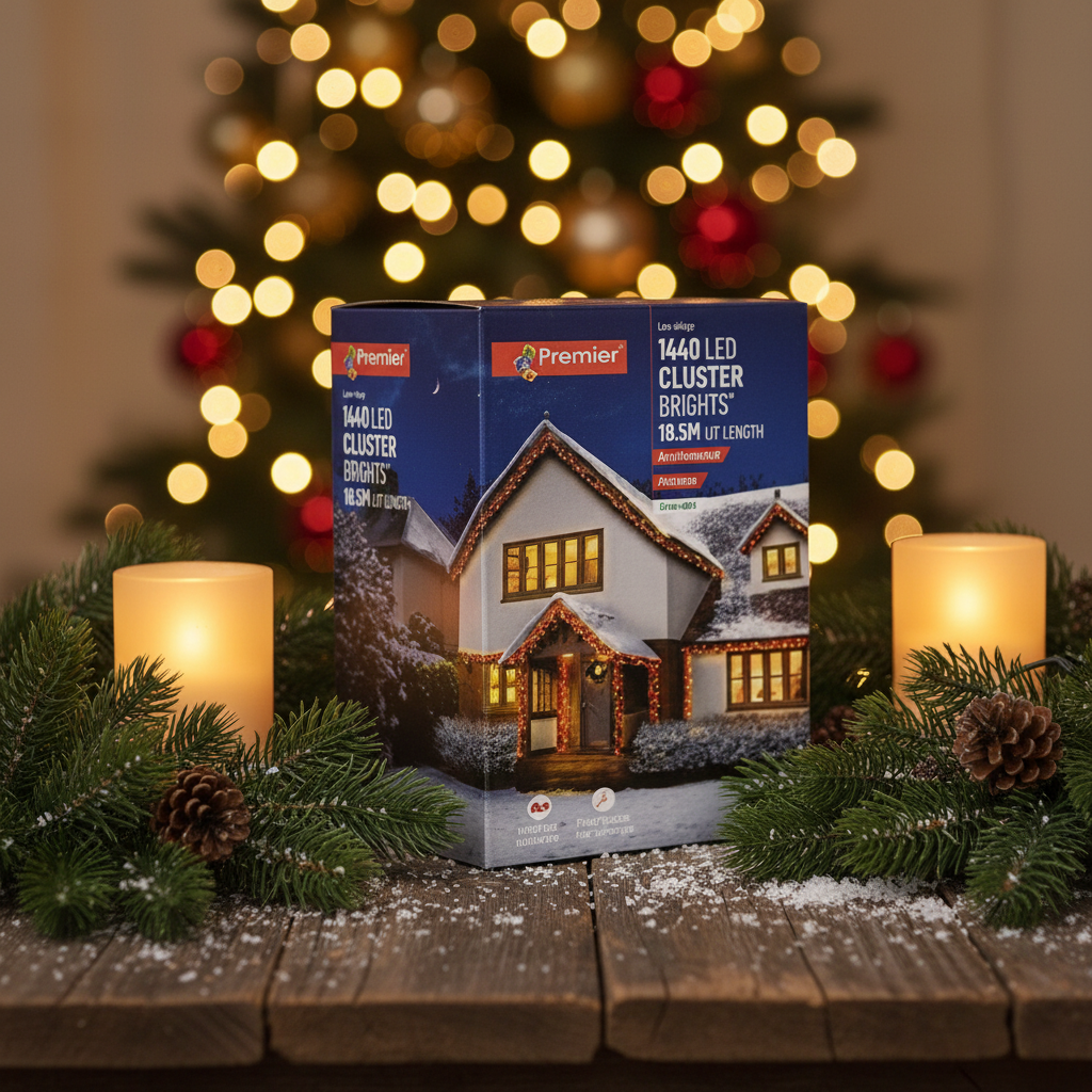 Box of Premier LED Cluster Lights with a snowy house illustration on a white background