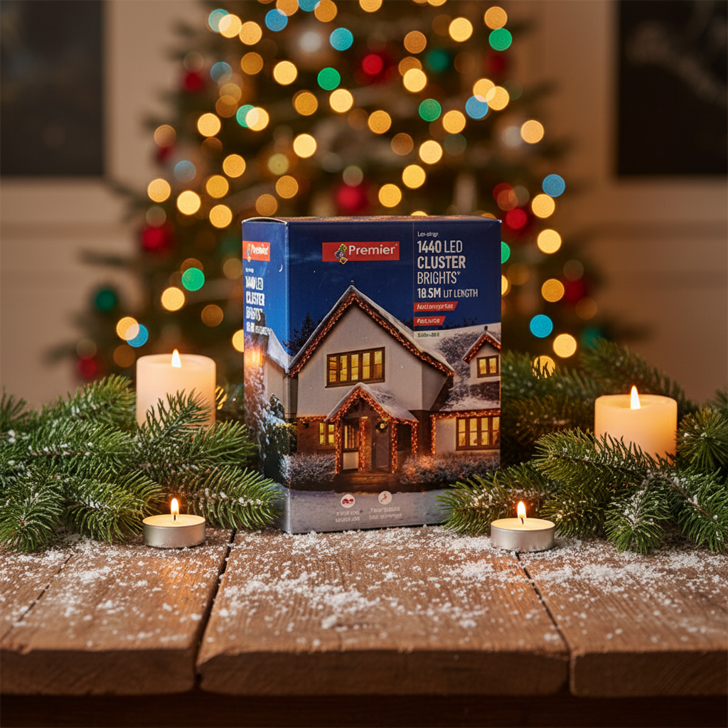 Box of Premier LED Cluster Lights with a snowy house illustration on a white background