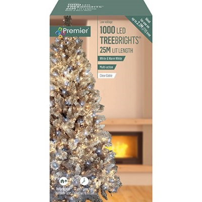 Premier TreeBrights 1000 White & Warm White LED Christmas String Lights Clear Cable