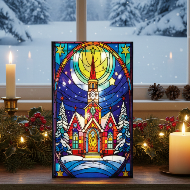 Stained glass-style church scene with a starry night sky on a card