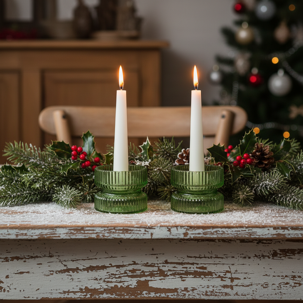 A green glass candle holder with a diameter of 9cm.