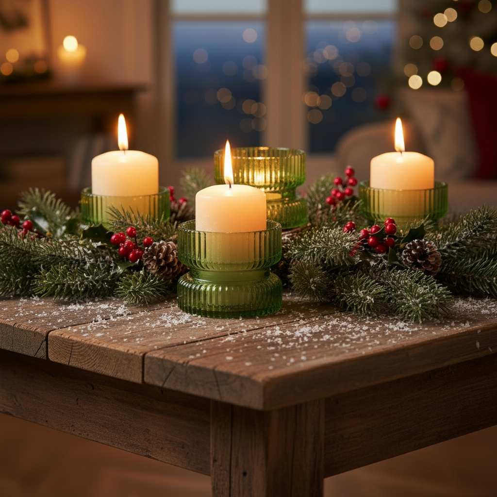 A green glass candle holder with a diameter of 9cm.