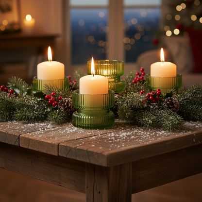 A green glass candle holder with a diameter of 9cm.