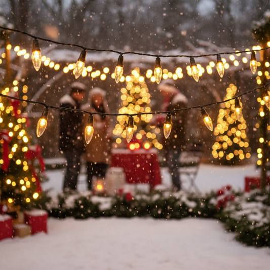 String of warm white LED lights hanging outdoors with a lit length of 7.9m.
