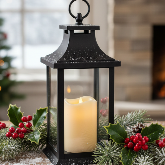 Black lantern with a lit candle on a table decorated with holly and berries, fireplace in the background