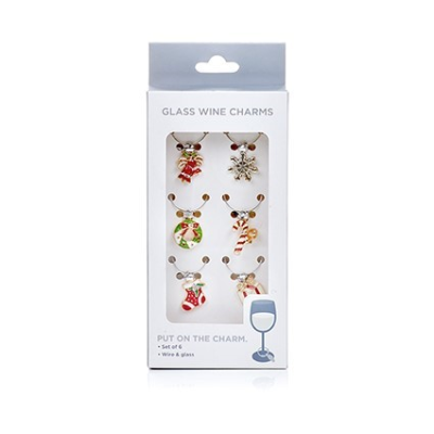 Packaged glass wine charms with various designs on a white background