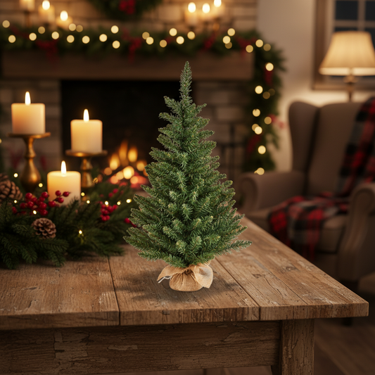 A artificial mini Christmas tree with a hessian bag base, green artificial branches, and a trunk.