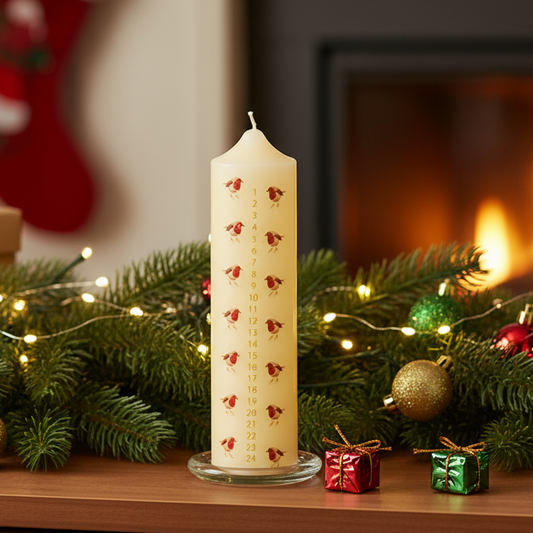 Cream Advent Candle with Robin Pattern and Glass Holder