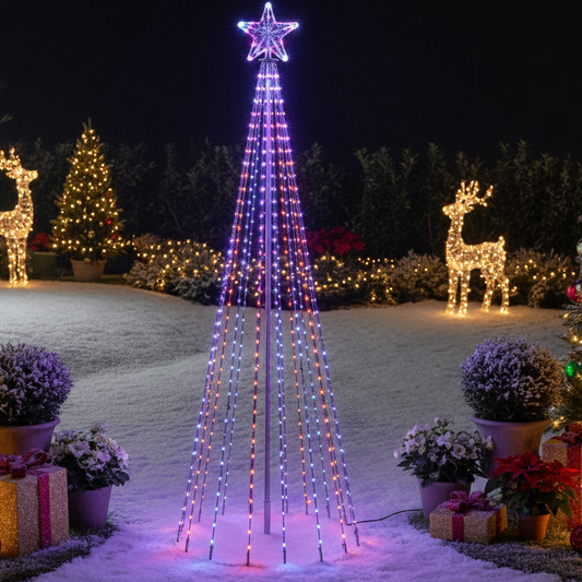 A 2.5-meter tall Christmas pyramid tree with rainbow LED lights, displaying a vibrant and colorful outdoor decoration.
