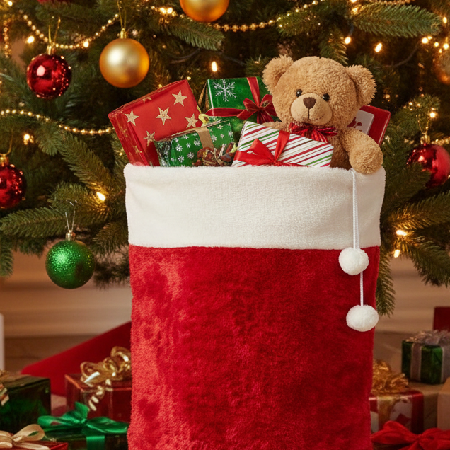 Red Christmas Sack with White Faux Fir Trim