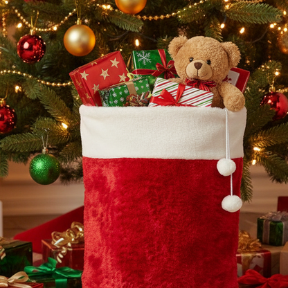 Red Christmas Sack with White Faux Fir Trim