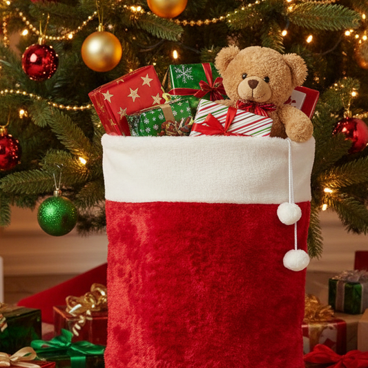 Red Christmas Sack with White Faux Fir Trim