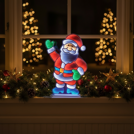 Decorative light-up Santa Claus figure on a window sill with festive decorations and blurred lights in the background.