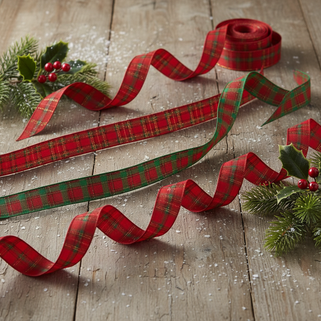 Red and green plaid ribbon on a white background