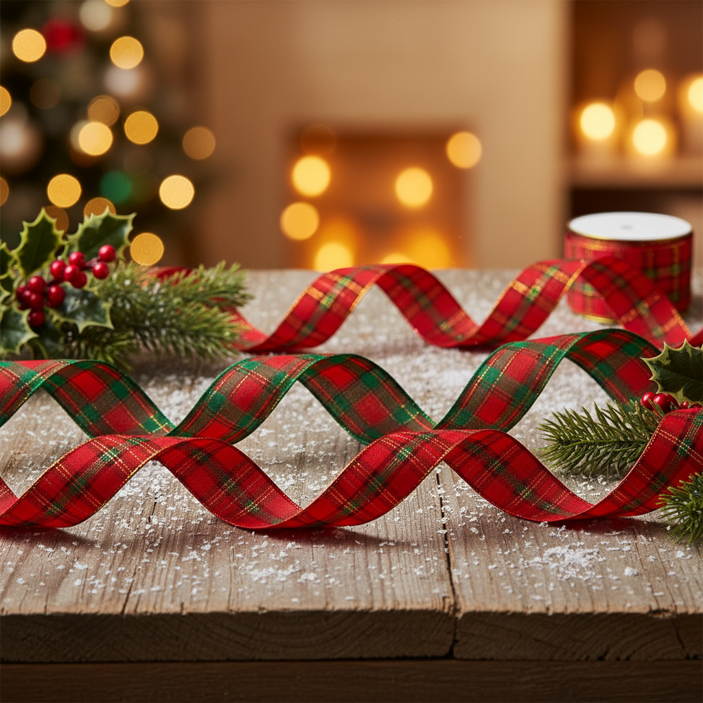 Red and green plaid ribbon on a white background