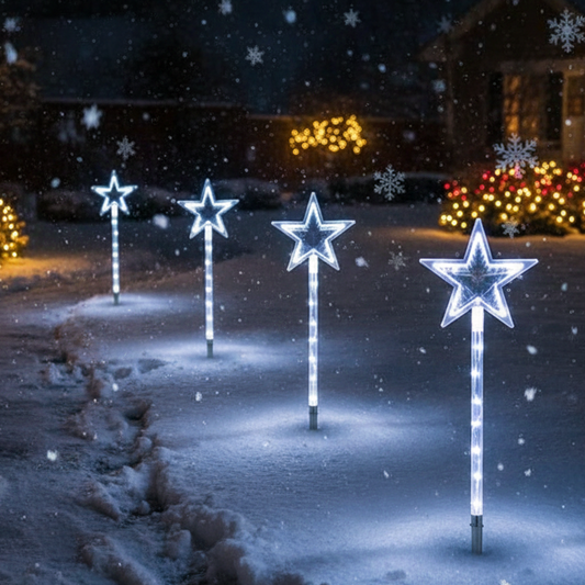 A set of four white star-shaped infinity mirror path lights with stakes, illuminated with blue LED lights.
