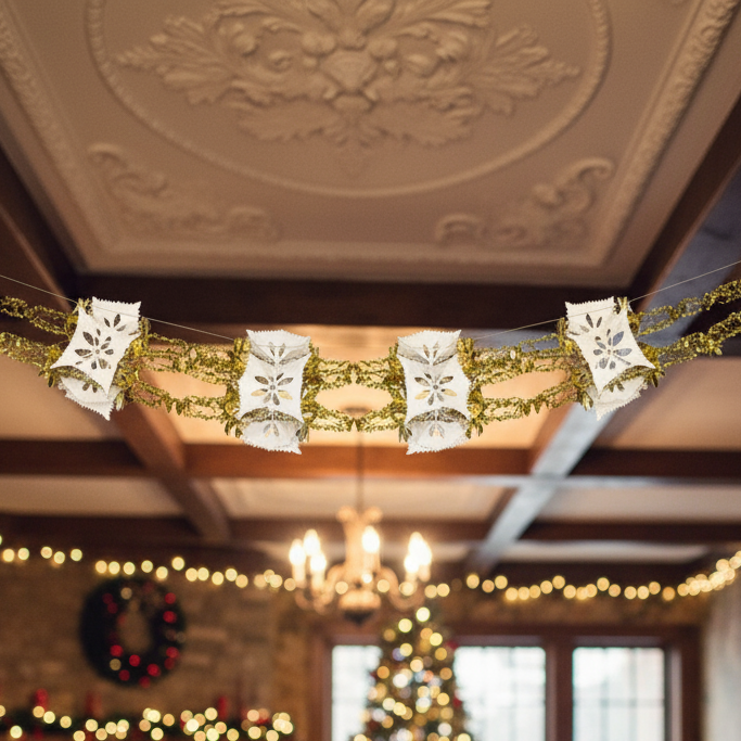 A gold and ivory retro foil Christmas garland with various geometric shaped foil accents strung on a chain.