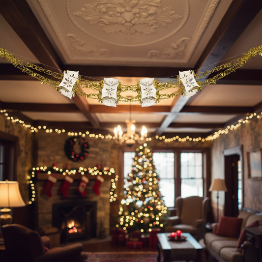 A gold and ivory retro foil Christmas garland with various geometric shaped foil accents strung on a chain.