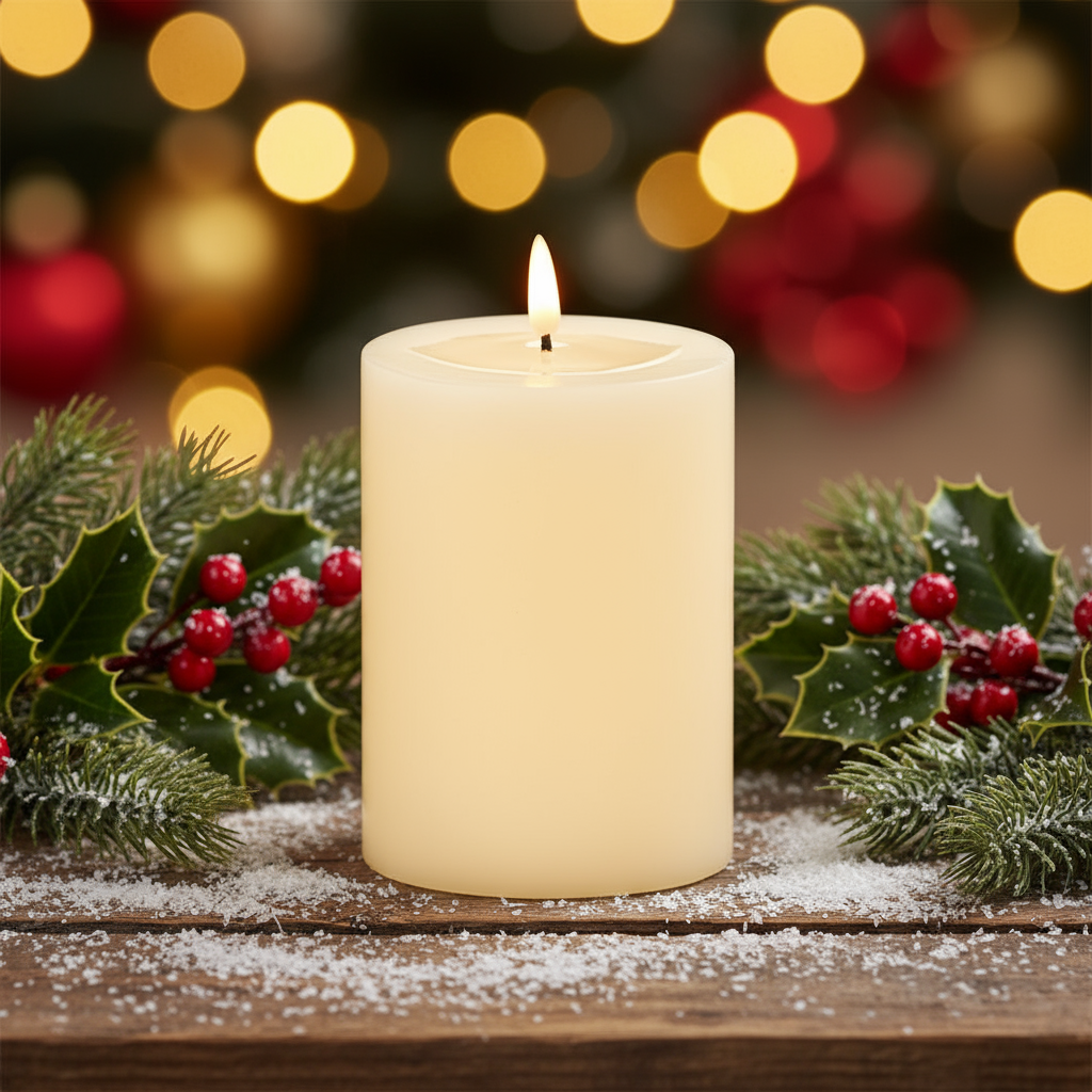 A single white wax pool candle with a lit flame, placed on a marble surface with Christmas decorations in the background.