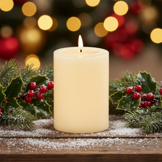A single white wax pool candle with a lit flame, placed on a marble surface with Christmas decorations in the background.