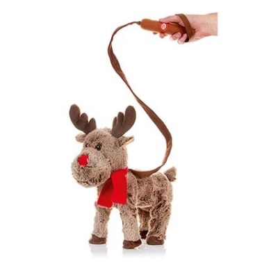 A plush walking reindeer toy with a brown and white color scheme, featuring a leash with a remote control for walking.