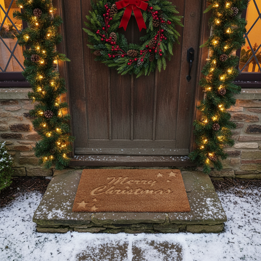 A brown door mat with 'Merry Christmas' text and star patterns embossed on it.