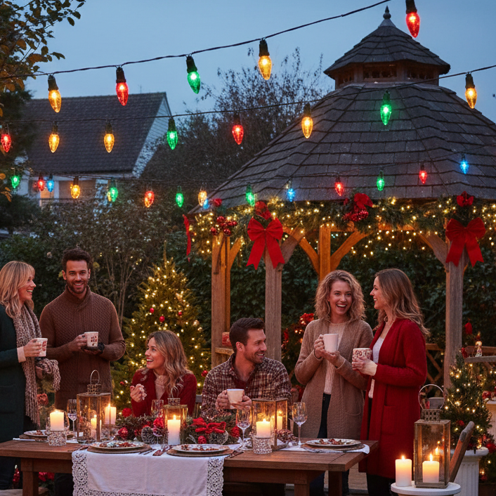 Packaging for Premier 120 multi-color LED party lights showing the lights hanging on a tree and the text detailing the product specifications.
