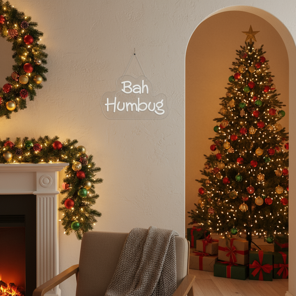 Neon sign with 'Bah Humbug' text on a black background