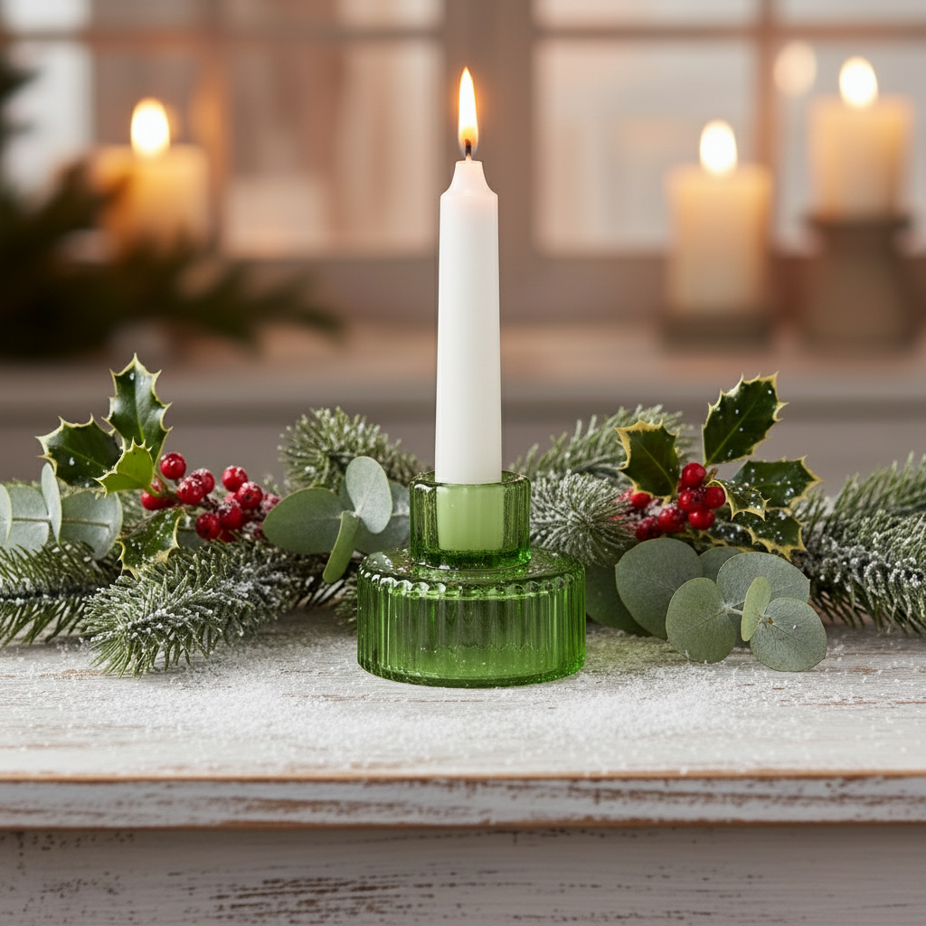 Decorative candle holder with a white candle on a wooden surface, surrounded by greenery and berries.