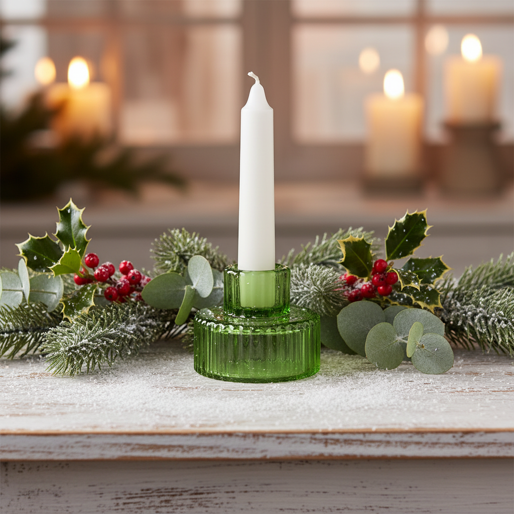 A green glass Christmas candle holder with a geometric pattern and a top lid.
