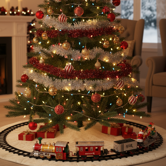 Decorated Christmas tree with lights and ornaments, surrounded by a toy train set on a track.