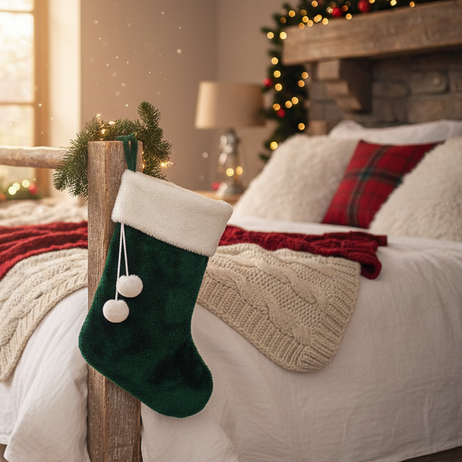 60cm Green Stocking with White Faux Fir Trim Christmas Decoration