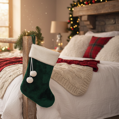 60cm Green Stocking with White Faux Fir Trim Christmas Decoration