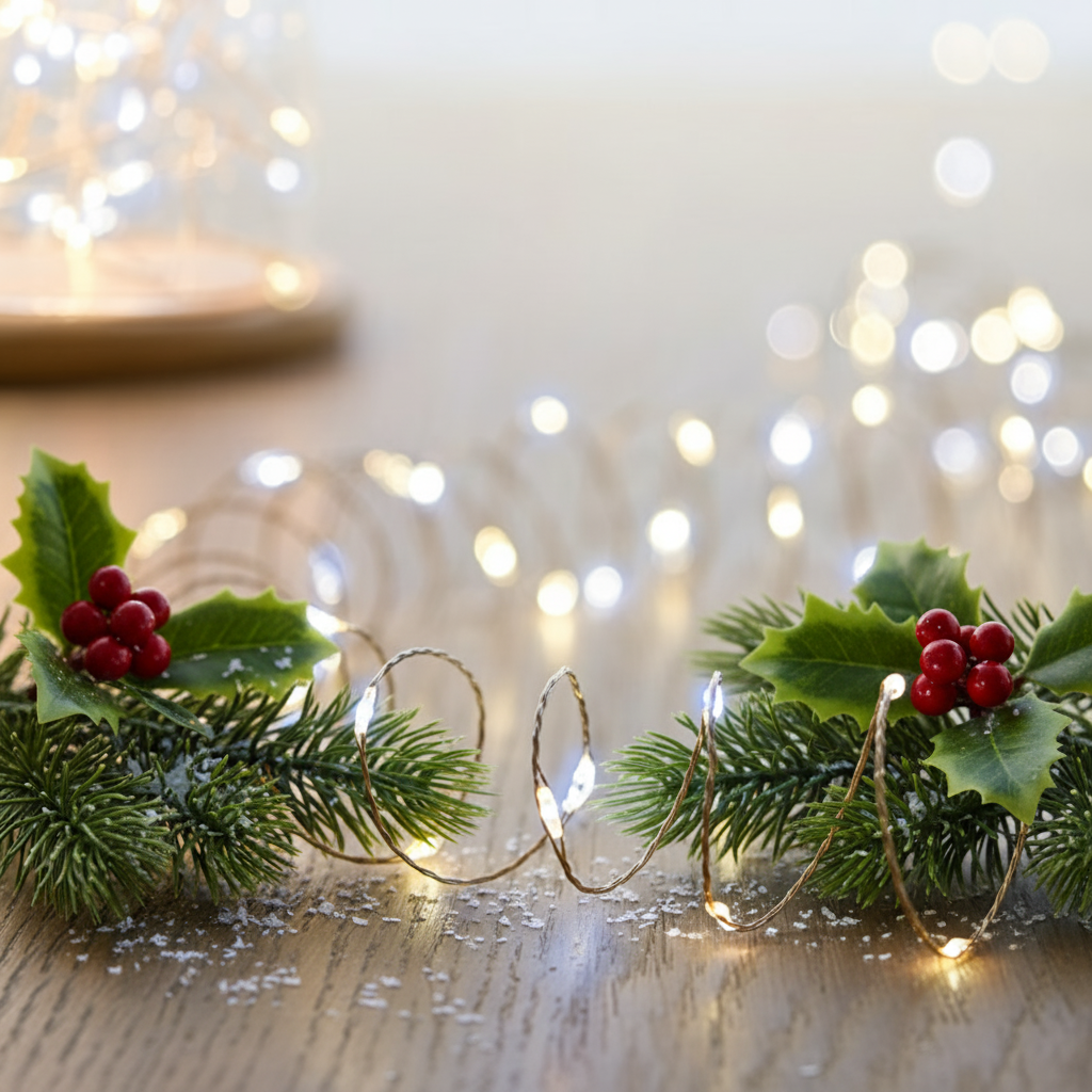 String of small lights on a wooden surface